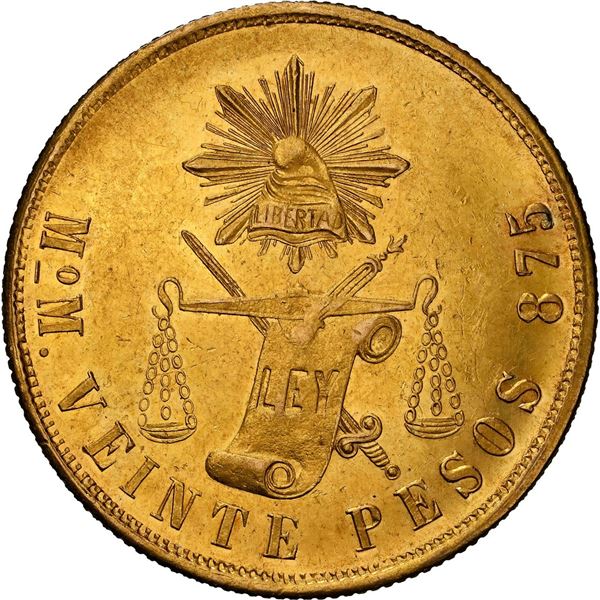 MEXICO, Mexico City, gold 20 pesos, 1887 M, NGC MS 62, "top pop."