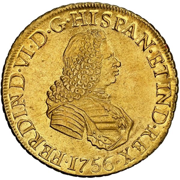 PERU, Lima, gold bust 8 escudos, Ferdinand VI, 1756 JM, NGC AU 58.
