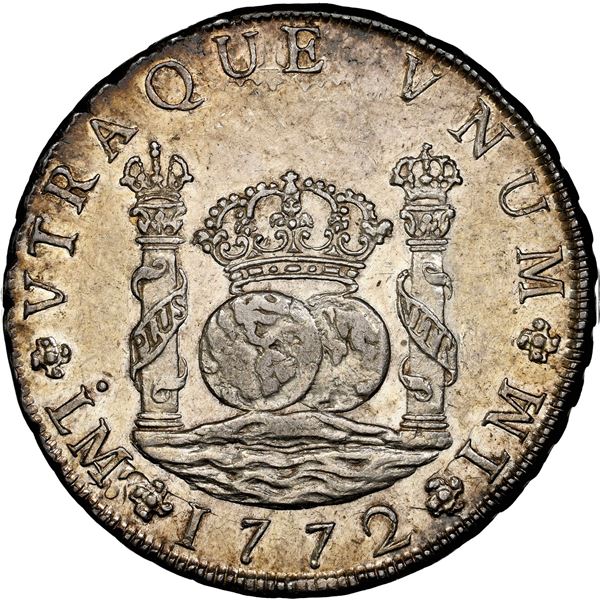 PERU, Lima, pillar 8 reales, Charles III, 1772 JM, dot over left mintmark only, NGC MS 60.