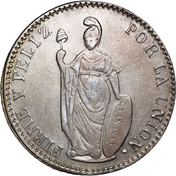 PERU, Pasco, 4 reales, 1844 M, mintmark PASCO, with fineness and REPUB, NGC AU details / cleaned, ex