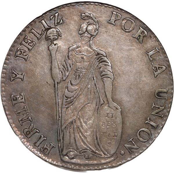 PERU, Pasco, 4 reales, 1855 (no assayer), mintmark PASCO, with REPUB• PERUANA, NGC AU 55, e