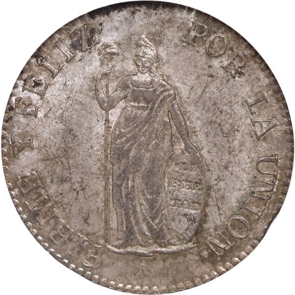PERU, Lima, 2 reales, 1854 MB, NGC MS 62, finest known in NGC census, ex-Whittier, ex-O'Brien.