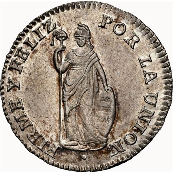 PERU, Cuzco, 1 real, 1828 G, NGC MS 62, finest and only example in NGC census, ex-O'Brien.
