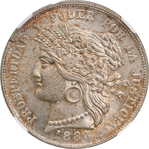 PERU, Lima, 5 pesetas, 1880 BF, with dot after B, NGC MS 63.