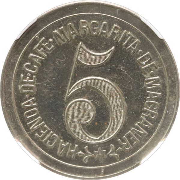 PUERTO RICO, Rio Prieto (Lares), German silver 5 almudes token, no date (early 1900s), Margarita de