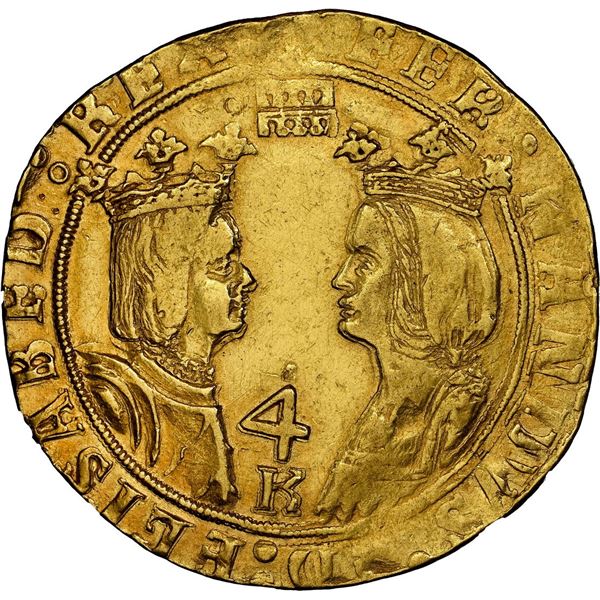 SPAIN, Segovia, gold 4 excelentes, Ferdinand-Isabel, mintmark at top, denomination Arabic 4 above K