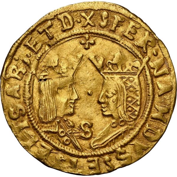 SPAIN, Seville, gold double excelente, Ferdinand-Isabel, cross of four teardrops at top, mintmark S