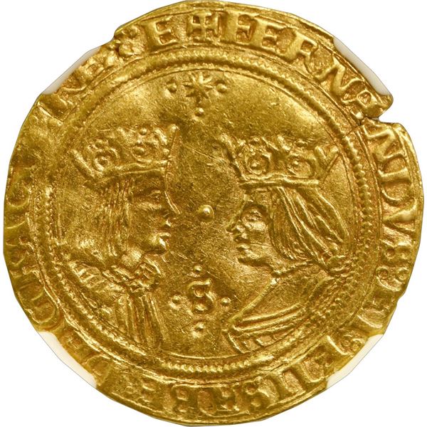 SPAIN, Seville, gold double excelente, Ferdinand-Isabel, eight-point star and three dots at top, min