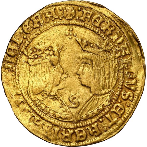 SPAIN, Seville, gold double excelente, Ferdinand-Isabel, five-dot cross at top, mintmark S at bottom