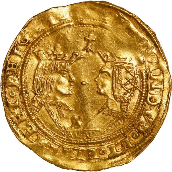 SPAIN, Seville, gold double excelente, Ferdinand-Isabel, ermine at top, S at bottom between busts.