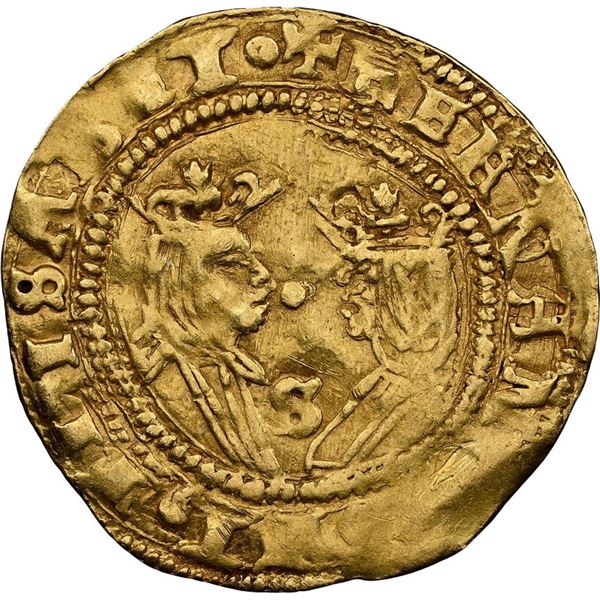 SPAIN, Seville, gold excelente, Ferdinand-Isabel, dot between busts, mintmark S below, ermine to rig