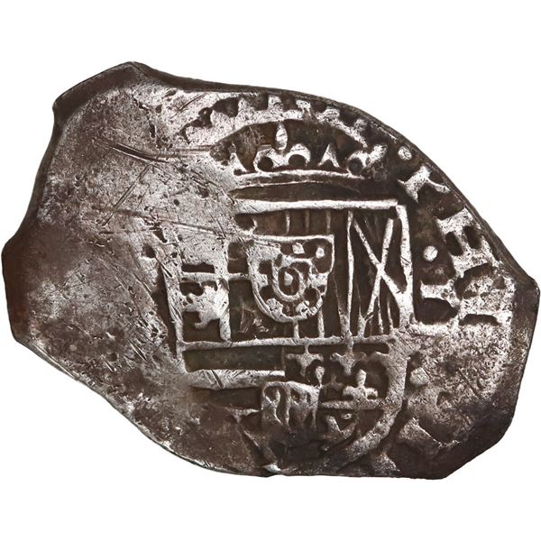 SPAIN, mint uncertain, cob 2 reales, 1629/8 (R), 1R-sized reverse die, unique.