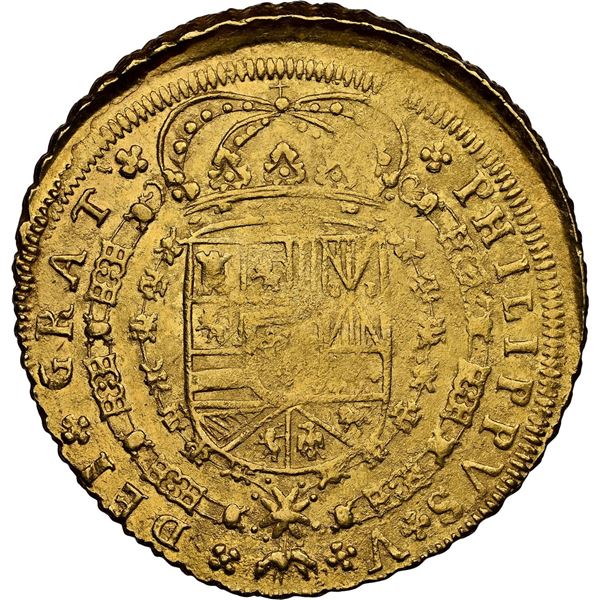 SPAIN, Seville, gold milled 8 escudos, Philip V, 1709/8 M, very rare, NGC MS 61.