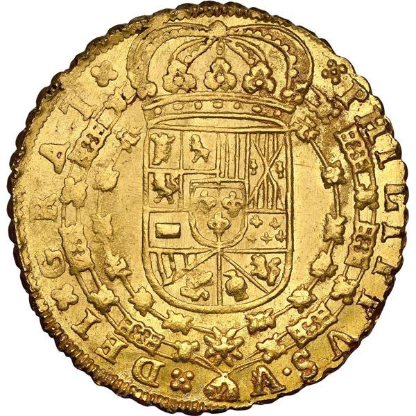SPAIN, Seville, gold milled 8 escudos, Philip V, 1714 M, NGC MS 65, finest known in NGC census.