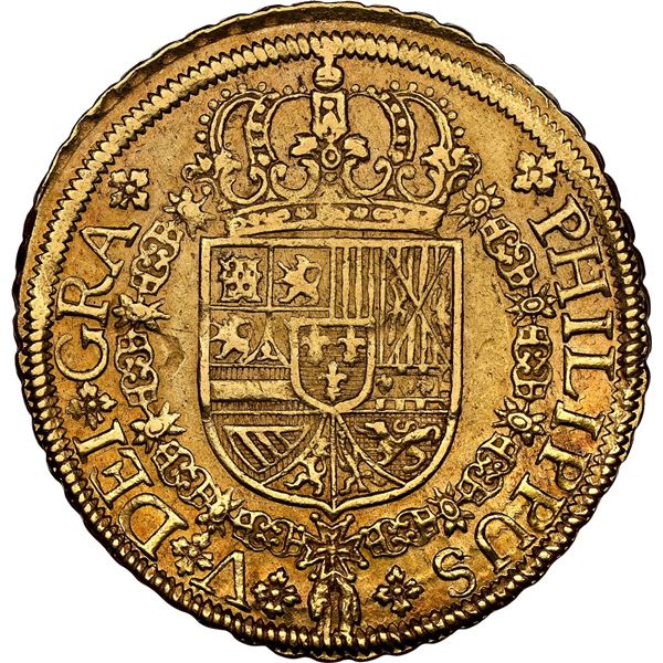 SPAIN, Seville, gold milled 8 escudos, Philip V, 1719 J, extremely rare, NGC AU 55, finest and only 