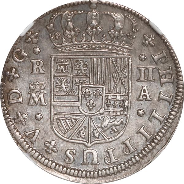 SPAIN, Madrid, milled 2 reales, Philip V, 1723 A, NGC MS 62.