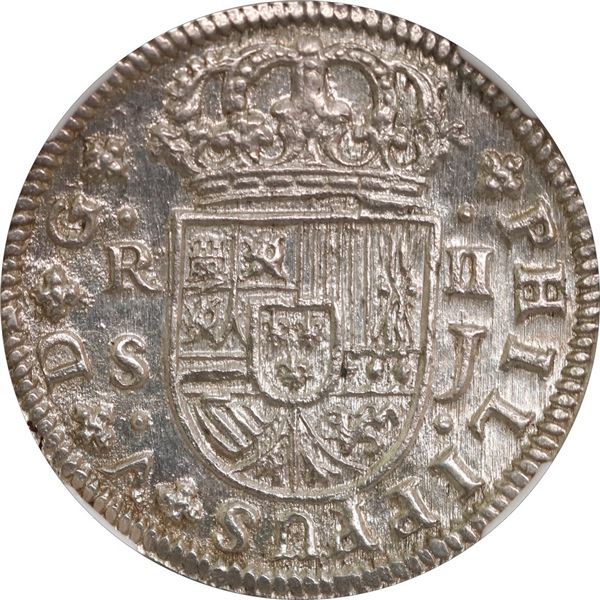 SPAIN, Seville, milled 2 reales, Philip V, 1725 J, NGC MS 64.
