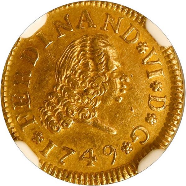 SPAIN, Madrid, gold bust ½ escudo, Ferdinand VI, 1749 JB, NGC AU 58.