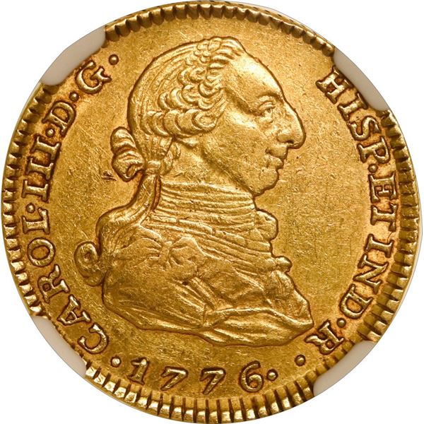 SPAIN, Madrid, gold bust 2 escudos, Charles III, 1776 PJ, NGC AU 55.