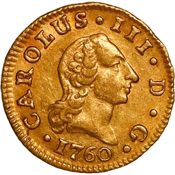 SPAIN, Madrid, gold bust ½ escudo, Charles III (young bust), 1760 JP, plain crown.