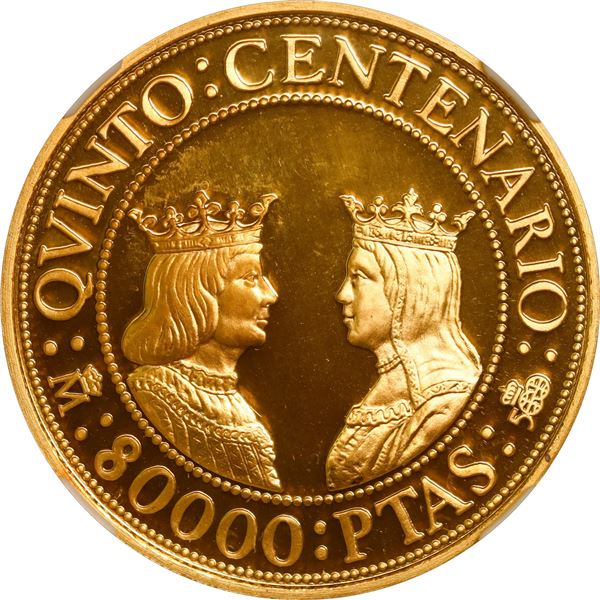 SPAIN, Madrid, gold proof 80000 pesetas, Juan Carlos I, 1989, Ferdinand-Isabel / Discovery of Americ