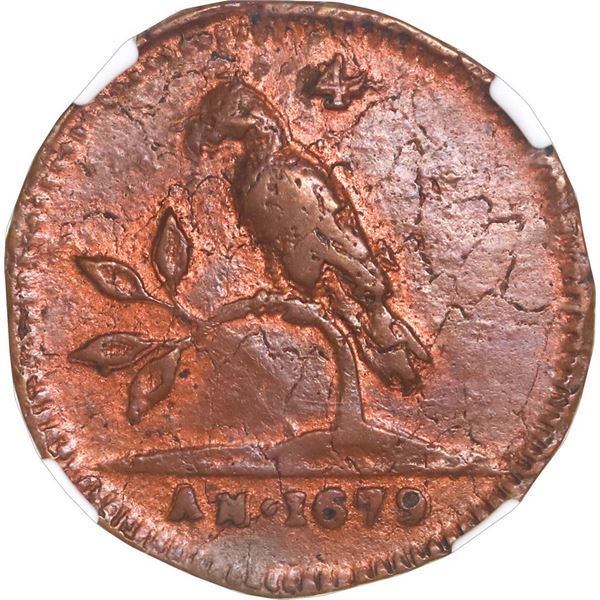 SURINAME, Dutch Guiana, copper uniface 4 duits, 1679, NGC AU 50 BN, finest known in NGC census.