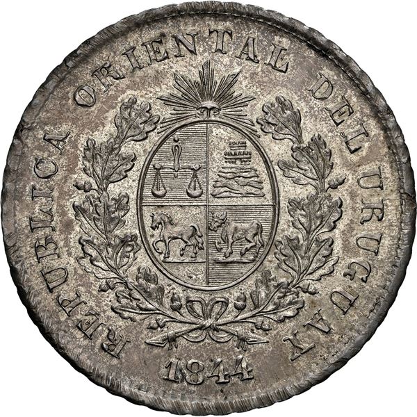 URUGUAY, Montevideo, 1 peso fuerte, 1844, medal alignment, rare, NGC MS 62.