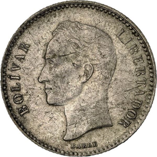 VENEZUELA, struck in Belgium, 1/5 bolívar, 1879, crude letters, NGC AU details / scratches.