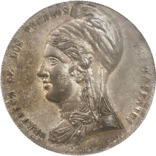 BOLIVIA, large silver medal struck in Potosí, 1865, Mariano Donato Muñoz, NGC MS 60, ex-Whittier.