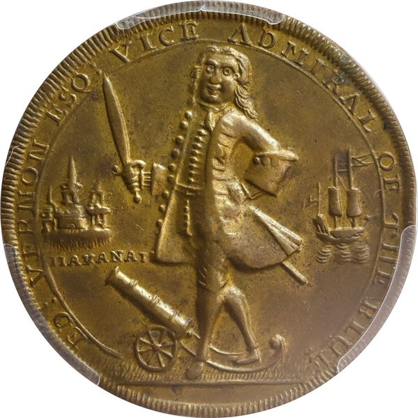 GREAT BRITAIN, copper alloy Admiral Vernon medal, 1739, Vernon and Havana / Porto Bello, PCGS AU55.