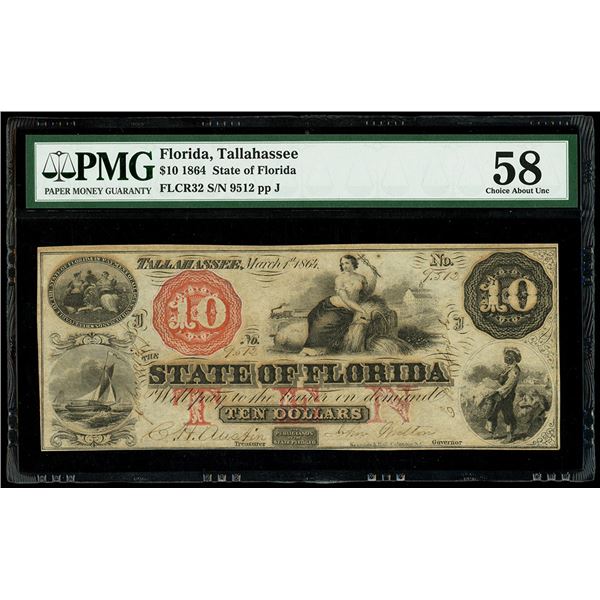 UNITED STATES, Tallahassee, State of Florida, $10, March 1st, 1864, serial 9512, PMG Choice AU 58.