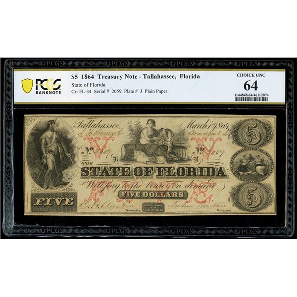 UNITED STATES, Tallahassee, State of Florida, $5, March 1st, 1864, serial 2059, PCGS Banknote Choice