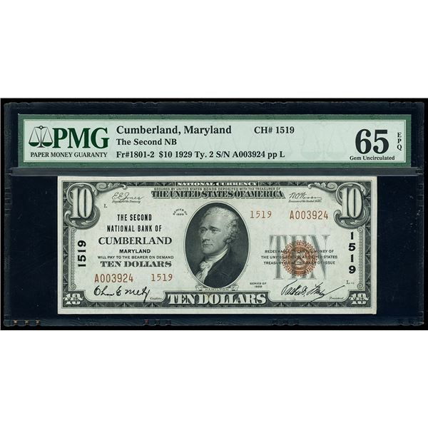 UNITED STATES, Cumberland, Maryland, The Second National Bank of Cumberland, $10, series of 1929, se
