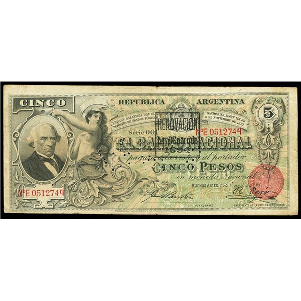 ARGENTINA, Buenos Aires, Banco Nacional, 5 pesos, 1-1-1888, series 001, serial E0512749, with 8-1-18