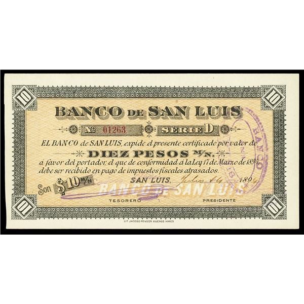 ARGENTINA, San Luis, Banco de San Luis, 10 pesos, 17-3-1894, series D, serial 01263, with purple ova