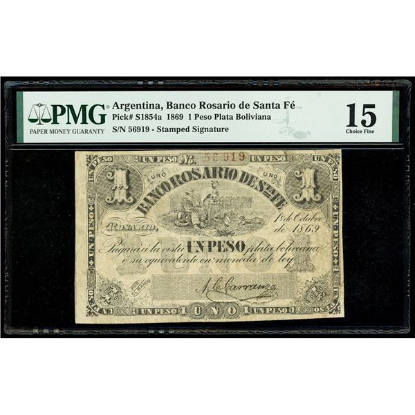 ARGENTINA, Rosario, Banco Rosario de Santa Fe, 1 peso plata boliviana, 1-10-1869, serial 56919, PMG