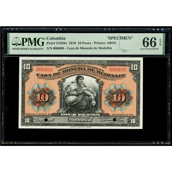 COLOMBIA, Medellín, Casa de Moneda, specimen 10 pesos, 15-9-1919, PMG Gem UNC 66 EPQ.