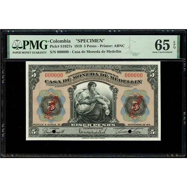 COLOMBIA, Medellín, Casa de Moneda, specimen 5 pesos, 15-9-1919, PMG Gem UNC 65 EPQ.