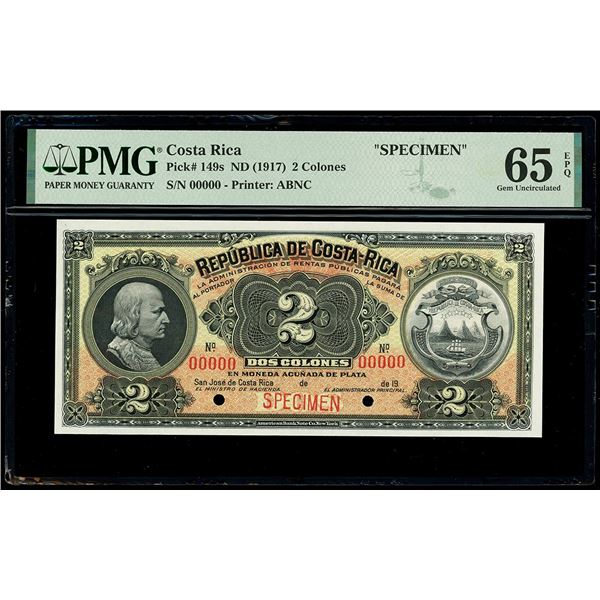 COSTA RICA, San José, República de Costa Rica, specimen 2 colones, (1917), PMG Gem UNC 65 EPQ.