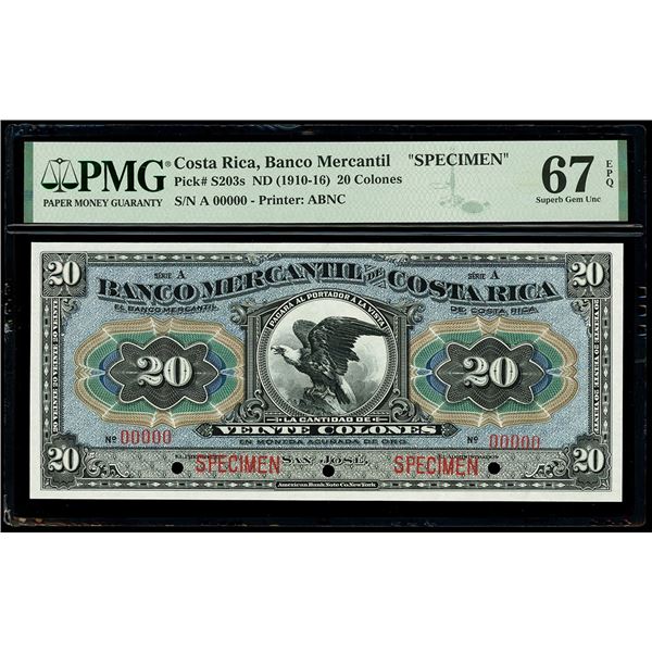 COSTA RICA, San José, Banco Mercantil, specimen 20 colones, (1910-16), series A, PMG Superb Gem UNC