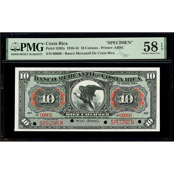 COSTA RICA, San José, Banco Mercantil, specimen 10 colones, (1910-16), PMG Choice AU 58 EPQ.
