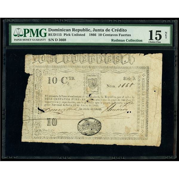 DOMINICAN REPUBLIC, Junta de Crédito, 10 centavos fuertes, 12-4-1866, series D, serial 3668, PMG Cho