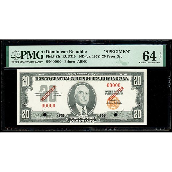DOMINICAN REPUBLIC, Santo Domingo, Banco Central de la República Dominicana, specimen 20 pesos oro,