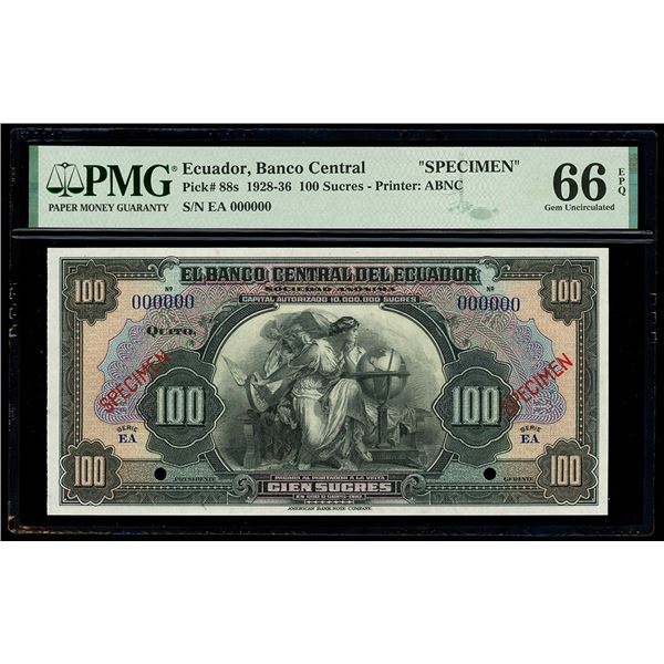 ECUADOR, Quito, Banco Central, specimen 100 sucres, (1928-34), series EA, PMG Gem UNC 66 EPQ.
