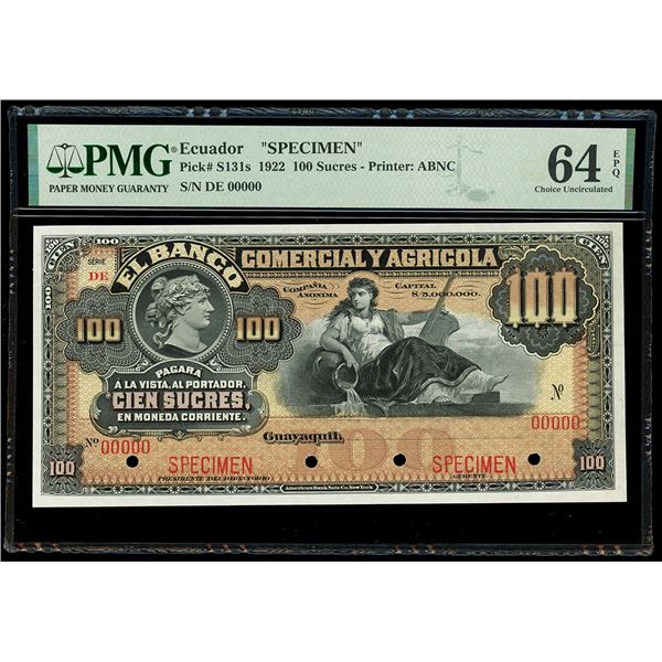 ECUADOR, Guayaquil, Banco Comercial y Agrícola, specimen 100 sucres, (1922), series DE, PMG Choice U