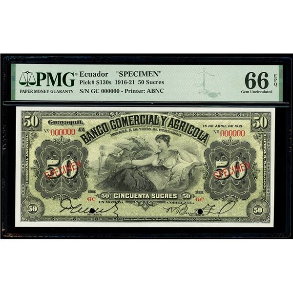ECUADOR, Guayaquil, Banco Comercial y Agrícola, specimen 50 sucres, 15-4-1921, series GC, PMG Choice