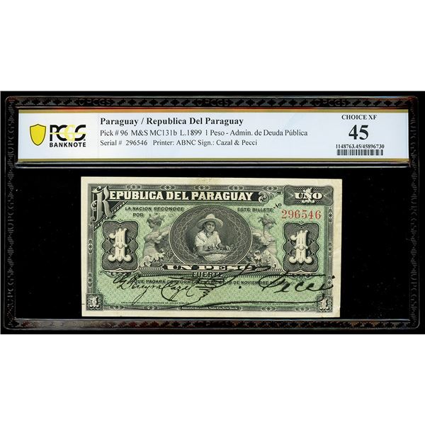 PARAGUAY, República del Paraguay, 1 peso, 18-11-1899, PCGS Banknote Choice XF 45, finest and only ex