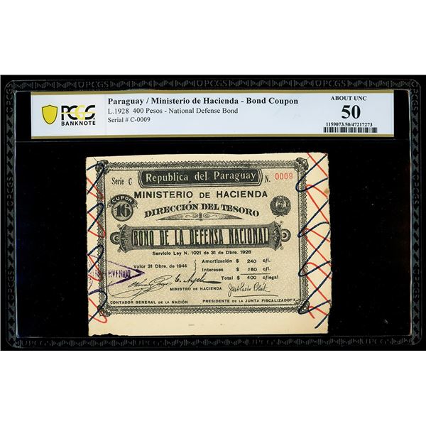 PARAGUAY, Ministerio de Hacienda, 400 pesos national defense bond, 31-12-1928, series C, serial 0009