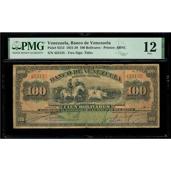 VENEZUELA, Caracas, Banco de Venezuela, 100 bolívares, (1931-39), serial 453135, PMG F 12.