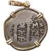 Image 1 : PERU, Lima, cob 2 reales, 1715 M, mounted pillars-side out in 14K gold pendant with shackle bail.